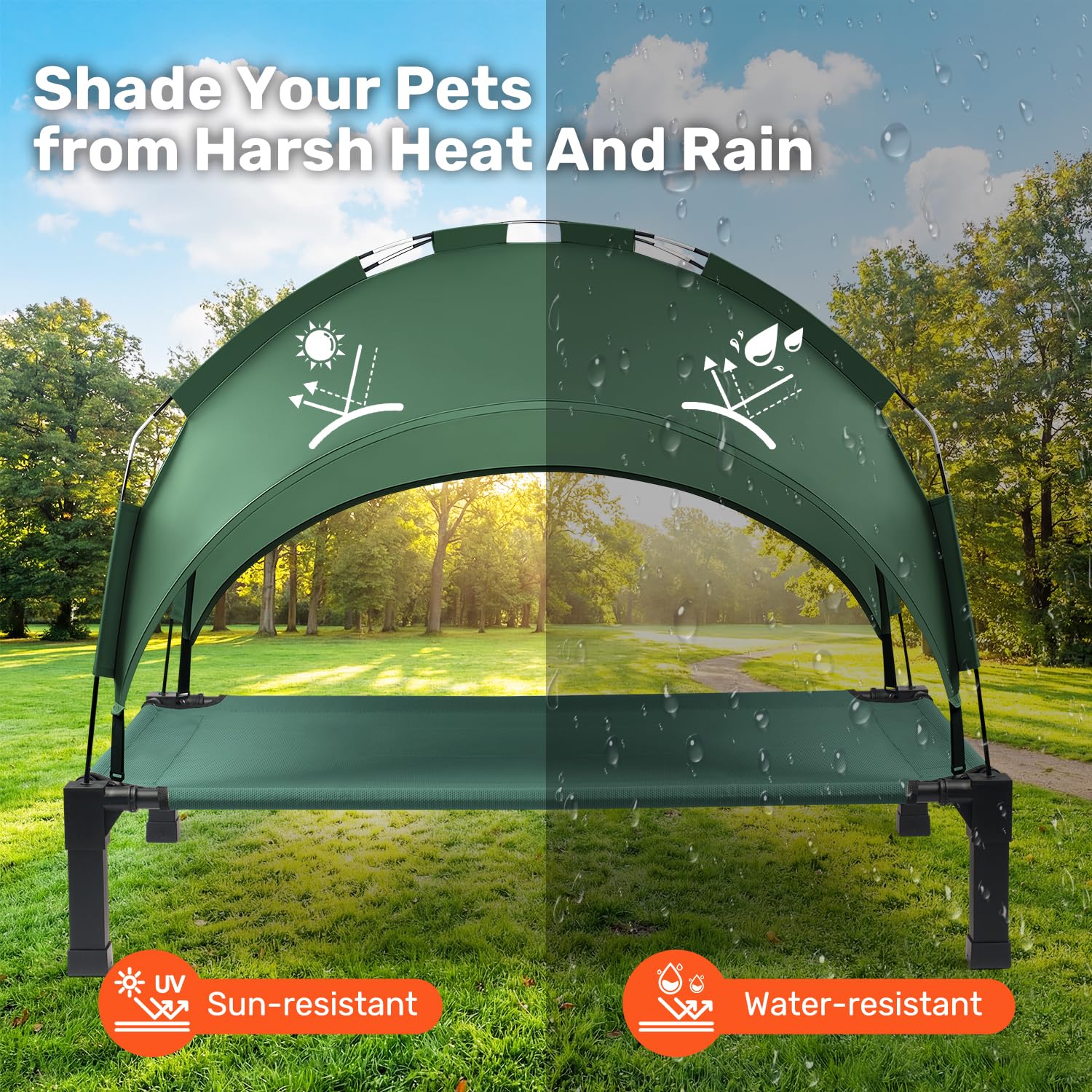 Heeyoo dog cot with canopy provides shade and sun protection outdoors.