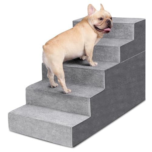 Heeyoo dog stairs 5-step grey side view with non-slip cover for safety