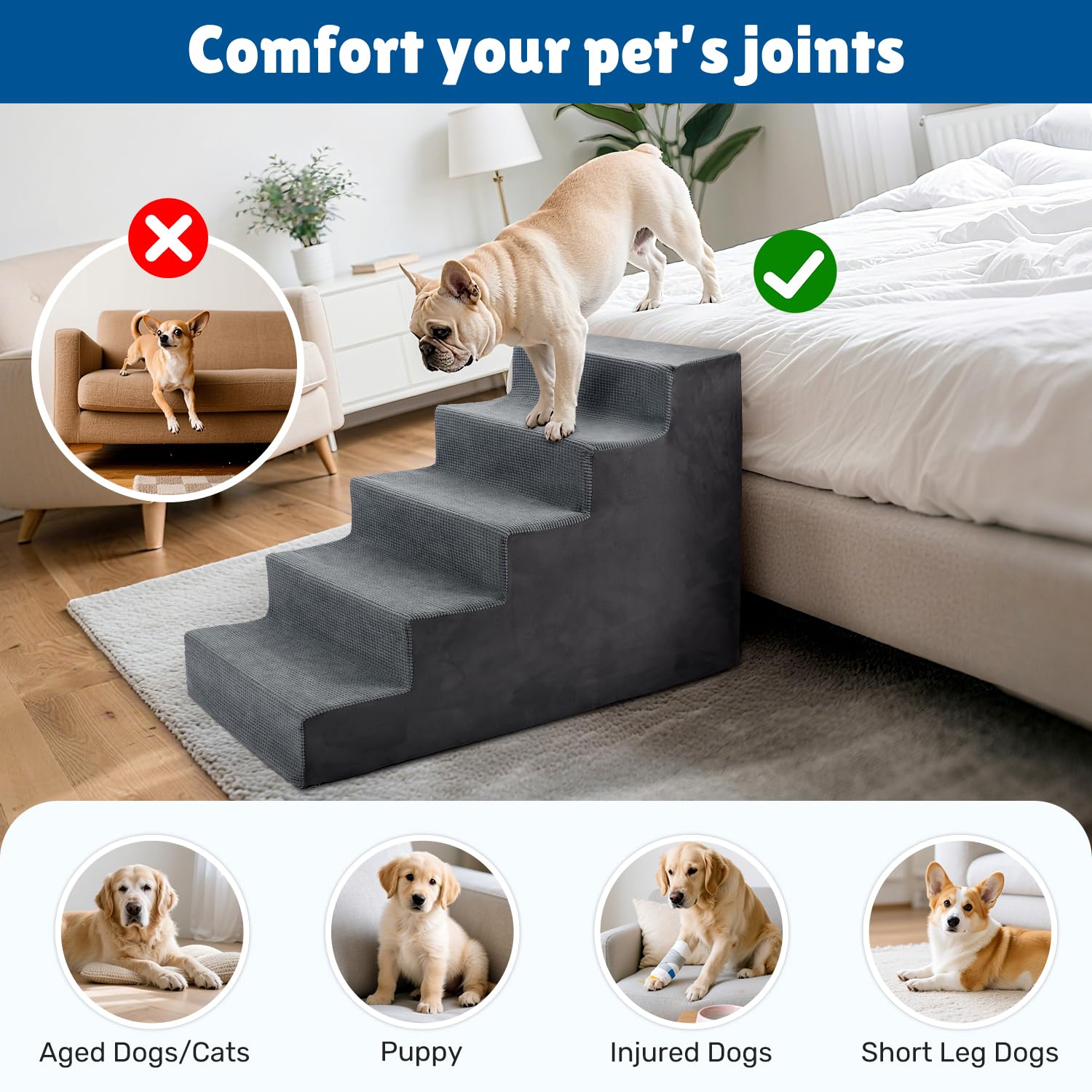 Heeyoo dog steps measurement guide shows height options of 18 and 23 inches.