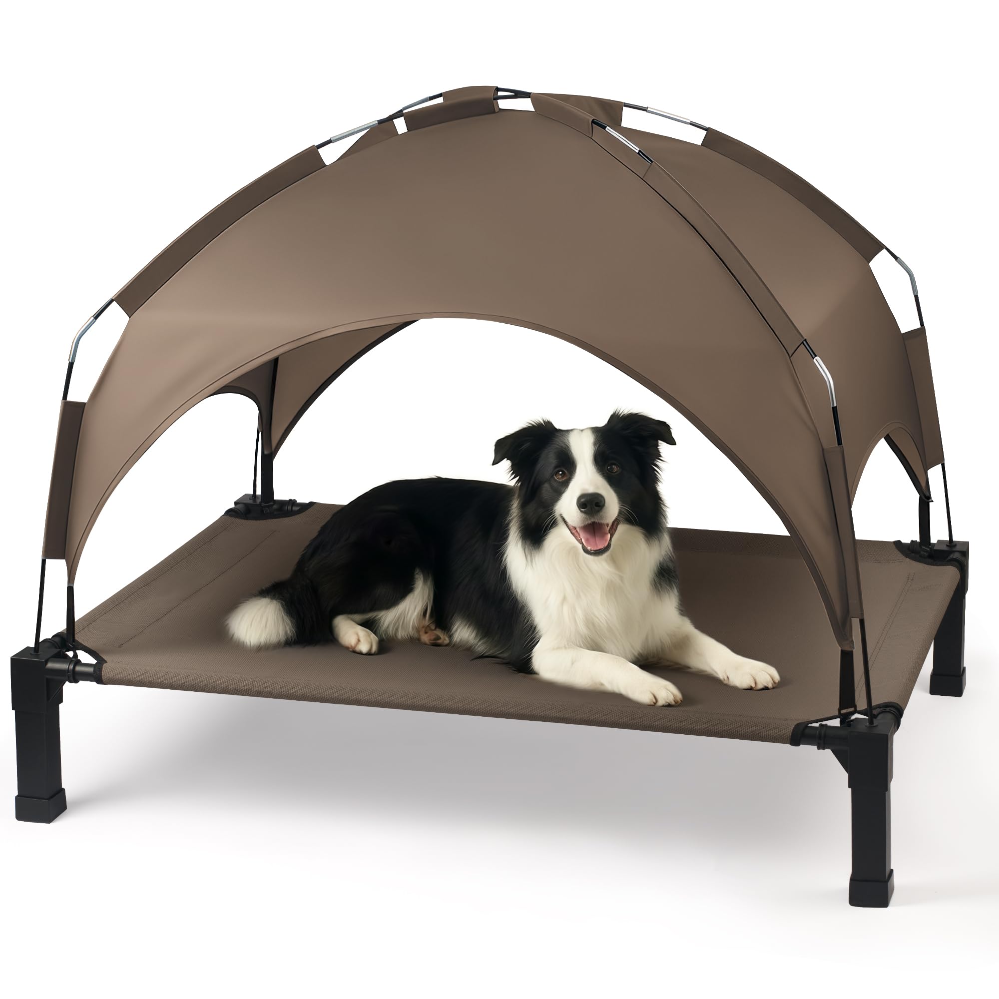 Heeyoo elevated dog bed with canopy provides shade and airflow for outdoor comfort.