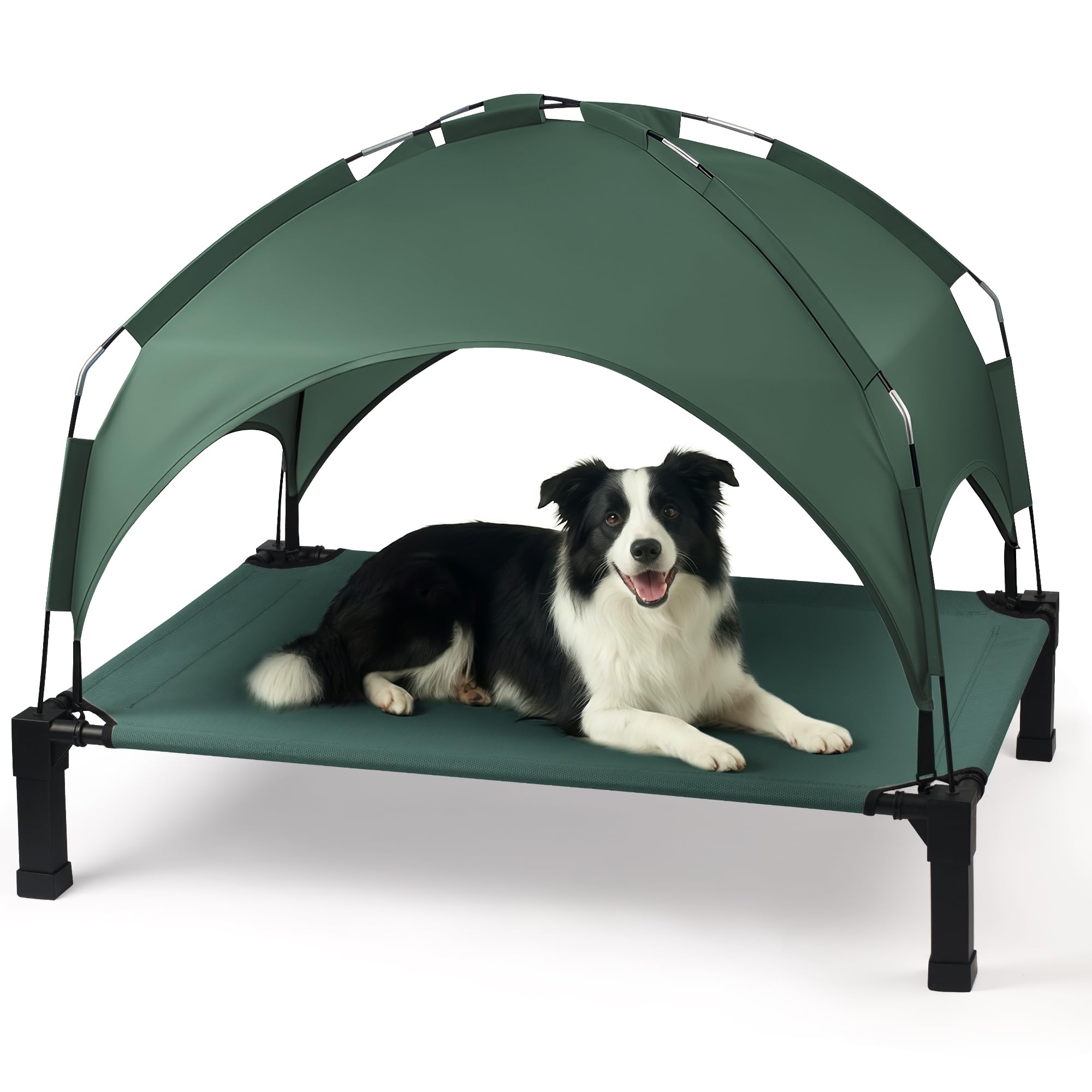 Heeyoo elevated dog bed with canopy for cooling airflow outdoors.