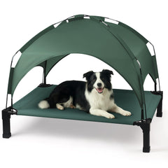 Heeyoo elevated dog bed with canopy for cooling airflow outdoors.