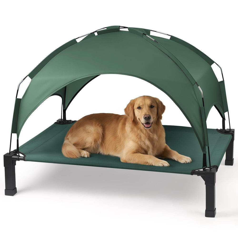 Heeyoo elevated dog bed with canopy offers shade and cool comfort outdoors.
