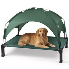 Heeyoo elevated dog bed with canopy offers shade and cool comfort outdoors.