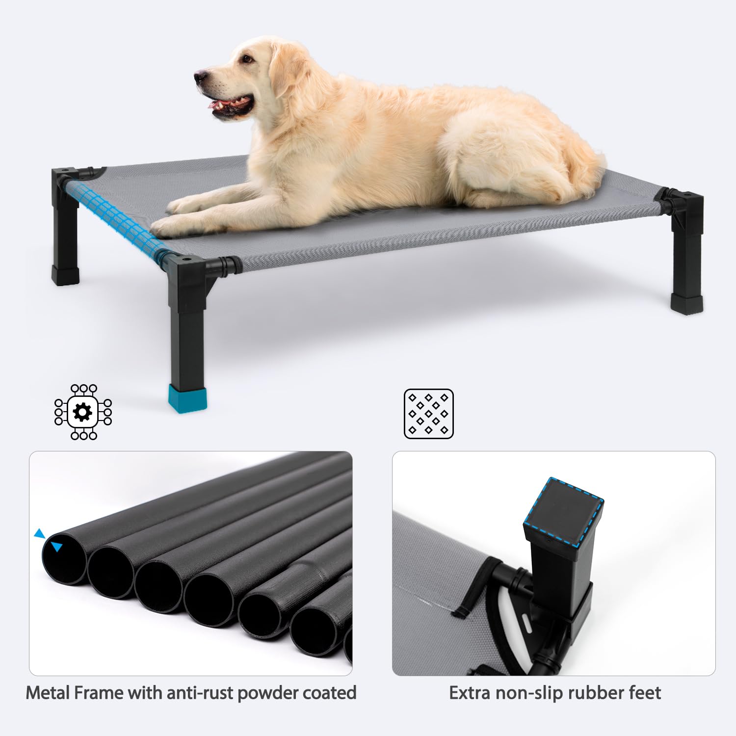 Heeyoo steel-frame dog bed emphasizing stability for indoor and outdoor use.