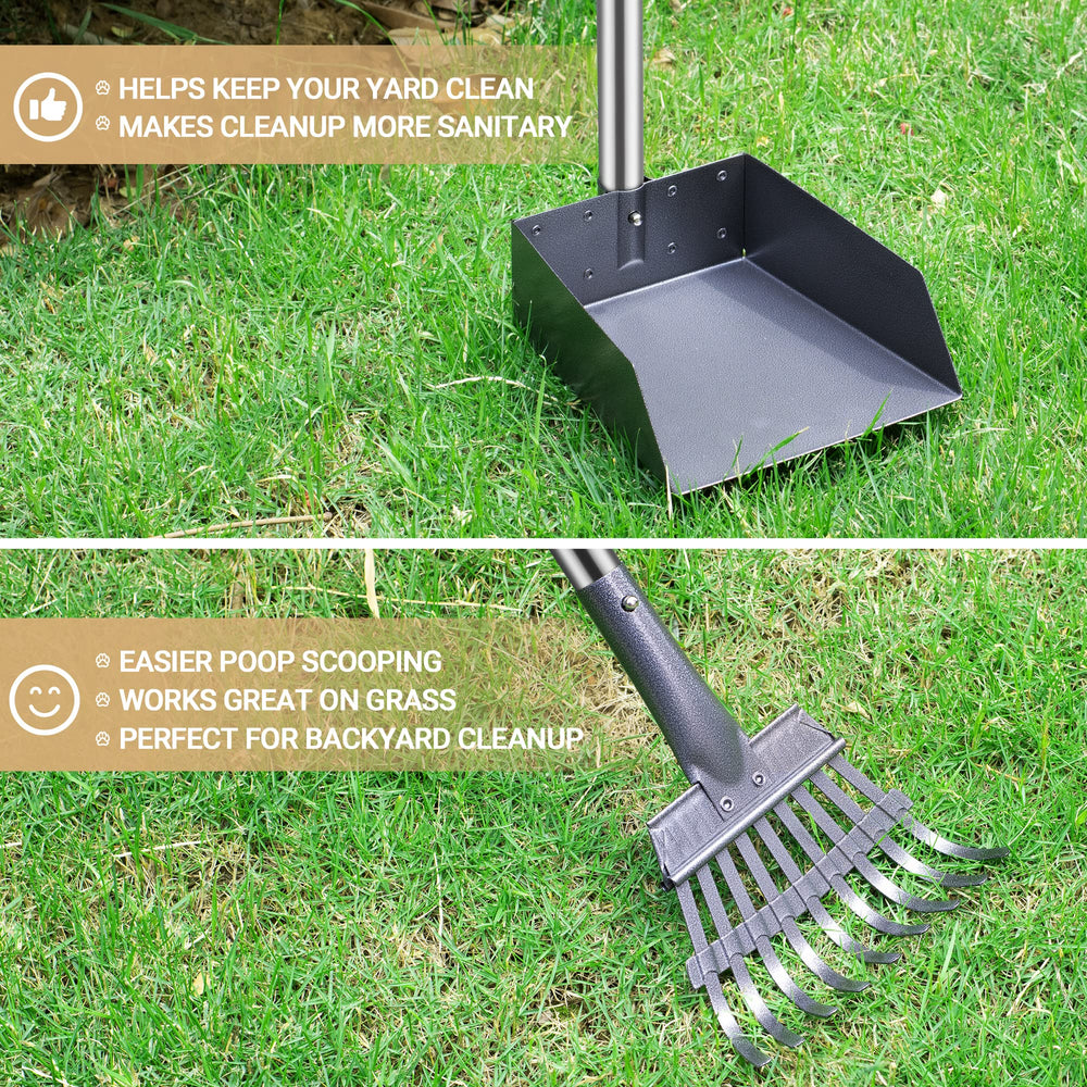 Heeyoo tray and rake arranged for efficient yard waste collection.