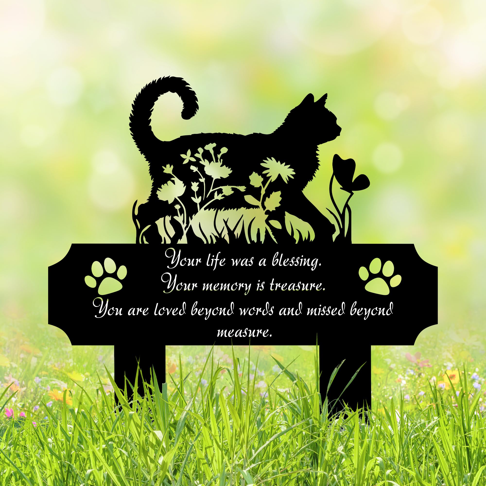 HEGANITS cat grave marker silhouette in a meadow, durable outdoor memorial.