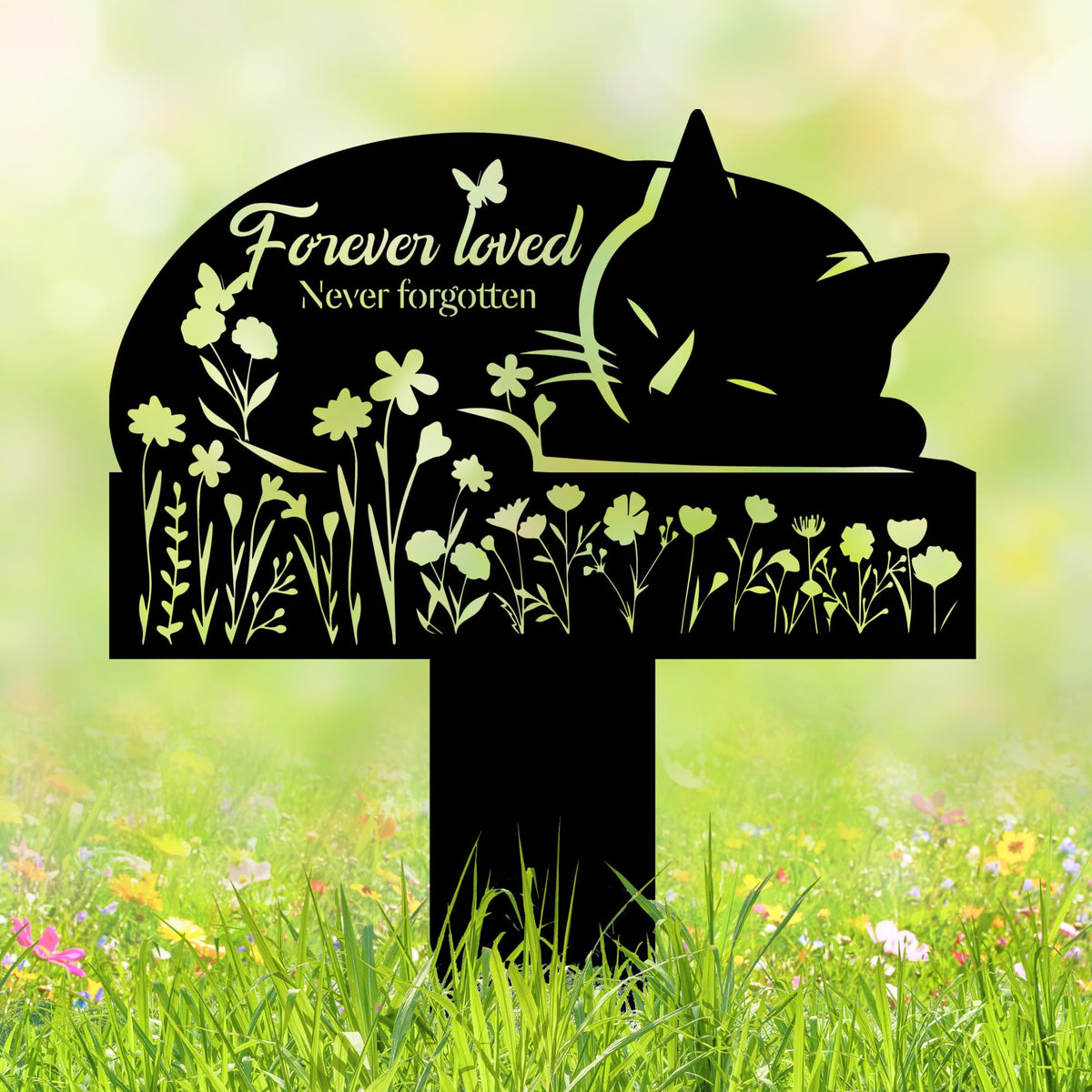 HEGANITS cat grave marker silhouette in meadow for serene outdoor remembrance.