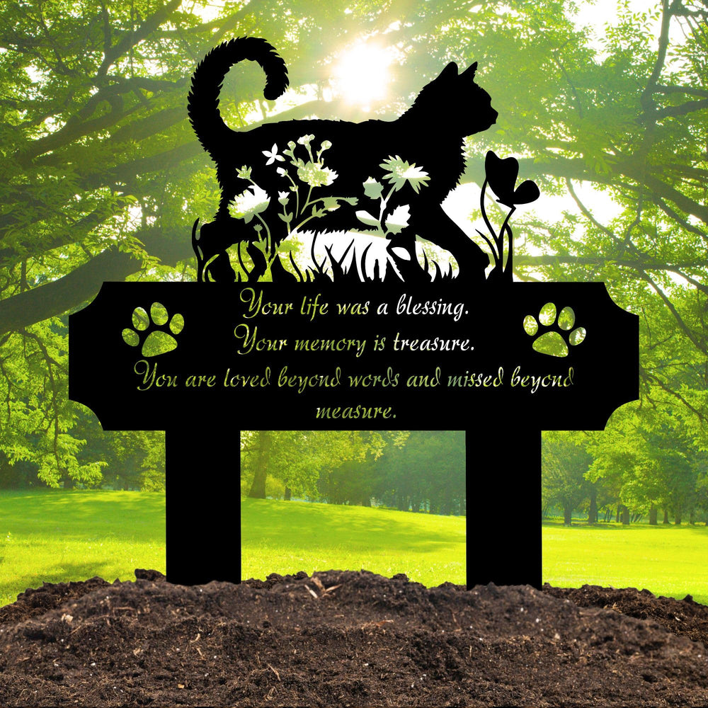 HEGANITS outdoor garden cat marker placed among plants and flowers.