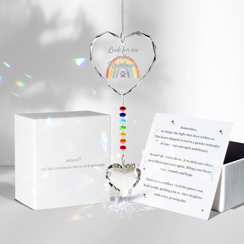 HEGELDA Look for me in the Rainbows heart crystal with paw print, comforting remembrance.