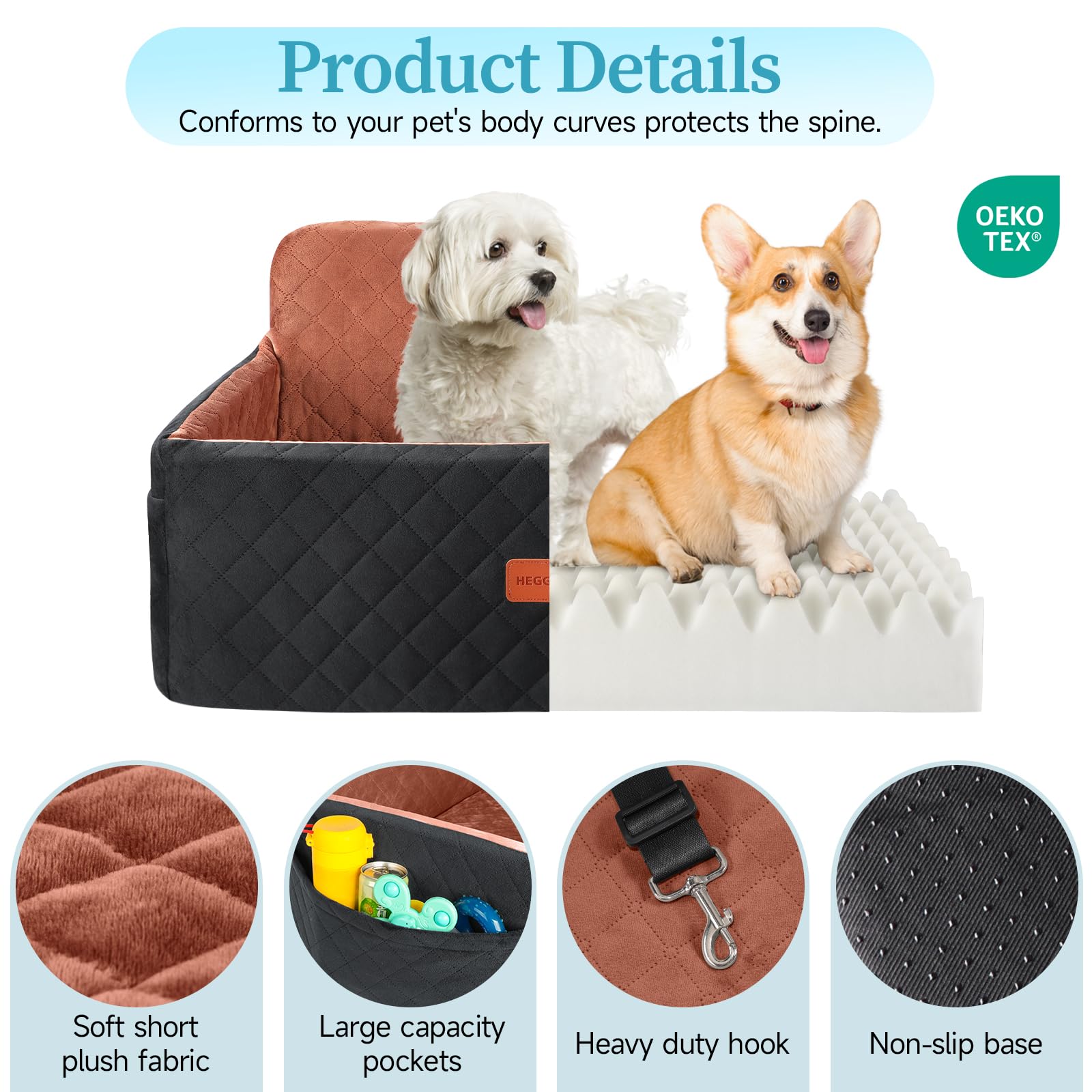 HEGGCOOE dog car seat with anti-slip base for stable positioning.