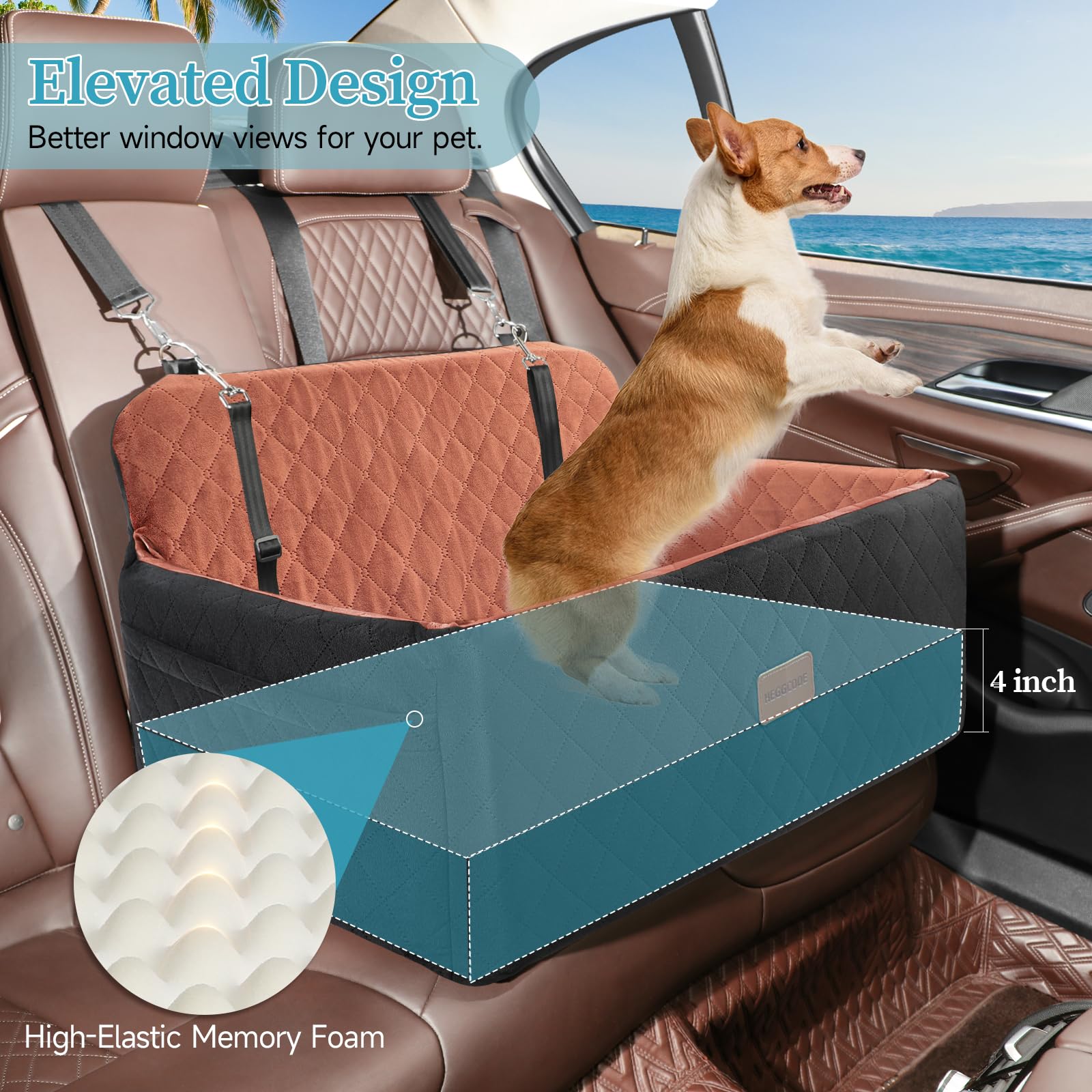 HEGGCOOE dog car seat showing safety leashes attached to harness.