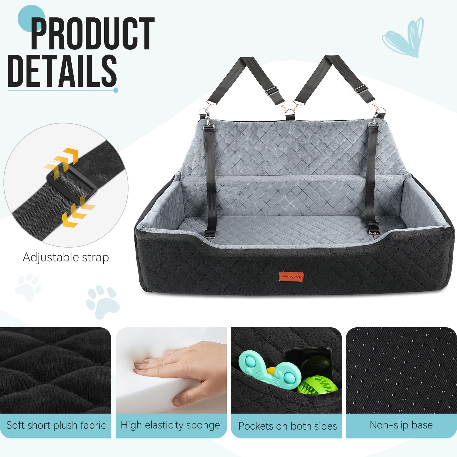 HEGGCOOE car seat with safety straps demonstrates secure travel for two dogs.