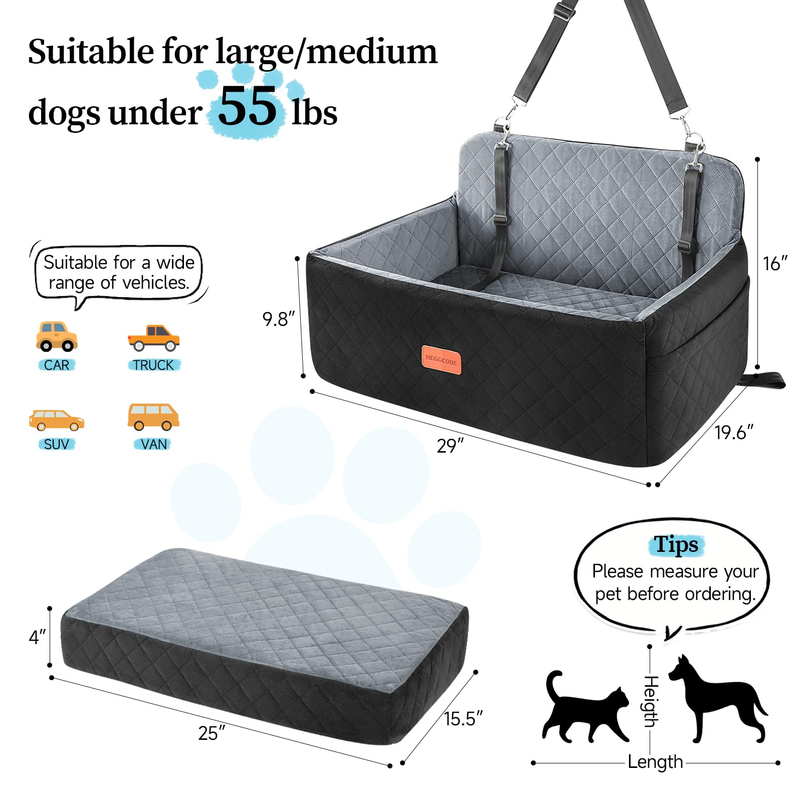 HEGGCOOE dog car seat fits large and medium dogs securely for long trips