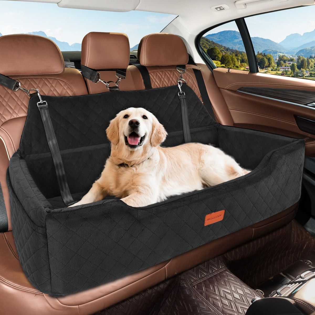 HEGGCOOE large dog car seat offers spacious back-seat comfort for dogs up to 100 lbs.