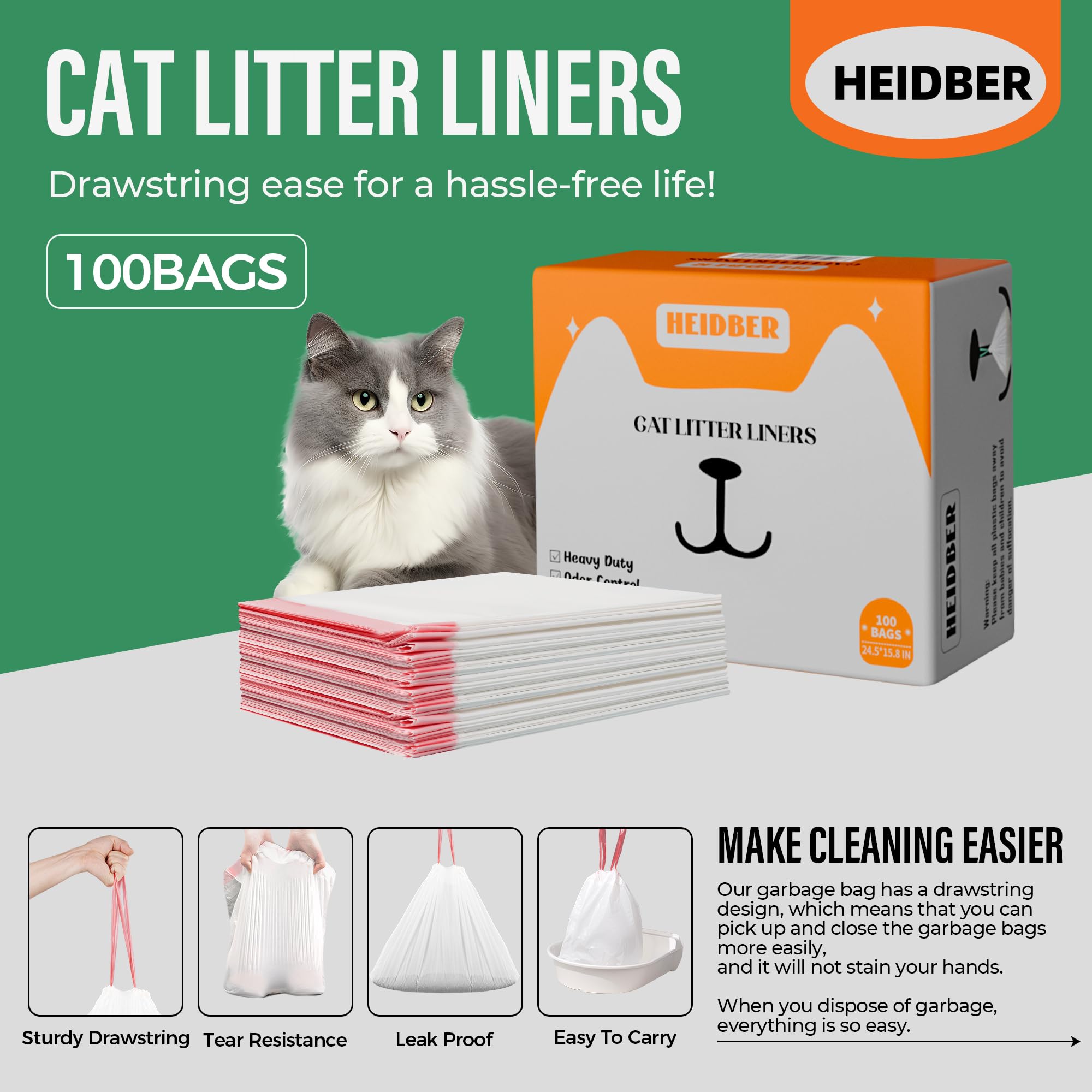 HEIDBER robot-compatible liner close-up showing fit for self-cleaning boxes
