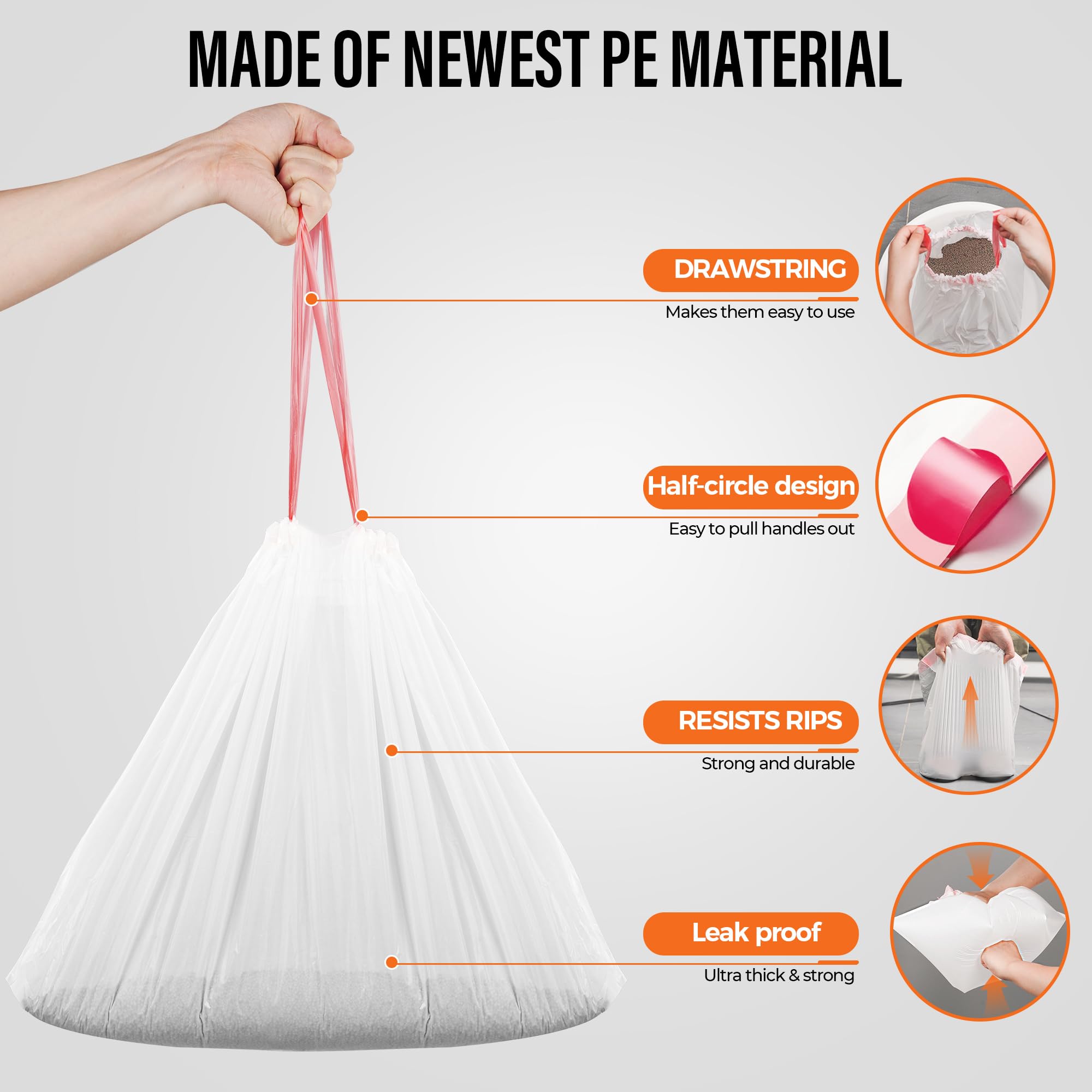 HEIDBER tear-resistant 5.5-gallon bag holds waste securely