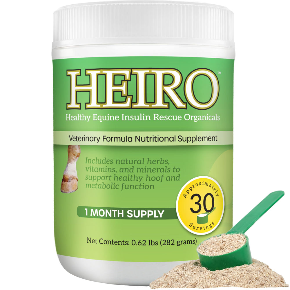 HEIRO Healthy Equine Insulin Rescue bottle closeup showing a natural herbal blend for daily support.