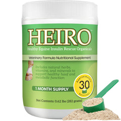 HEIRO Healthy Equine Insulin Rescue bottle closeup showing a natural herbal blend for daily support.