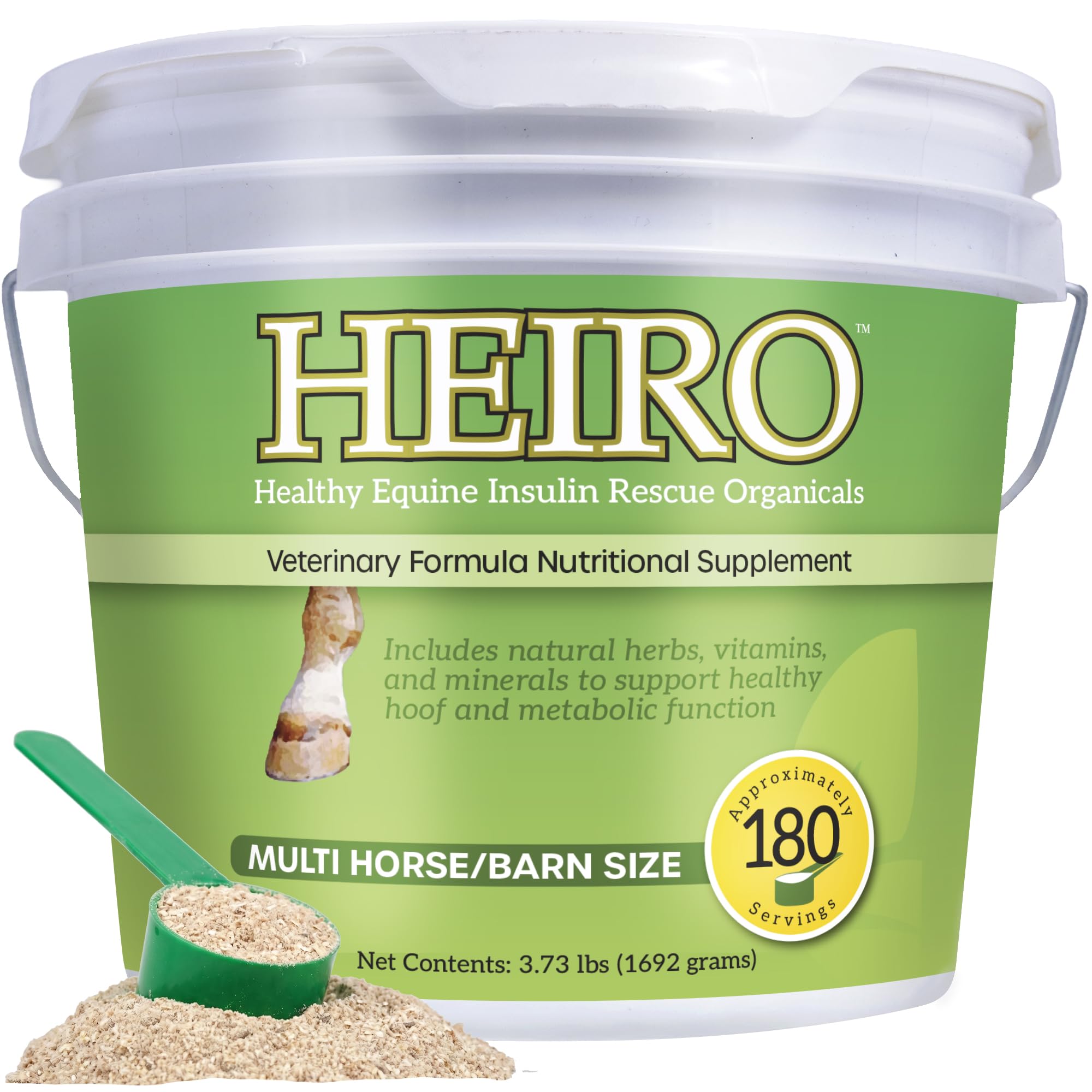 HEIRO Healthy Equine Insulin Rescue bottle shown for daily metabolic support use