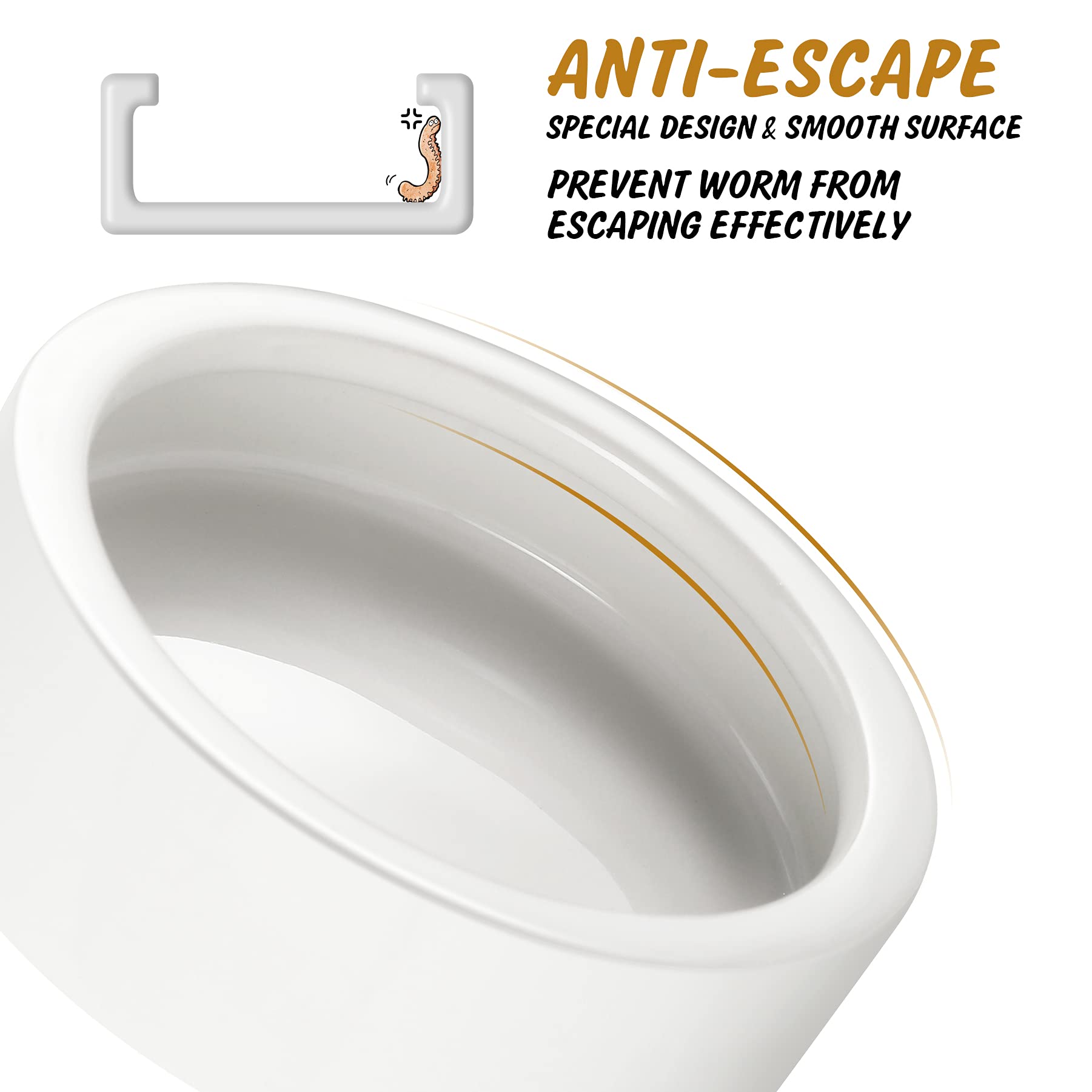 HELIME anti-escape worm dish interior view showing inward walls prevent escapes