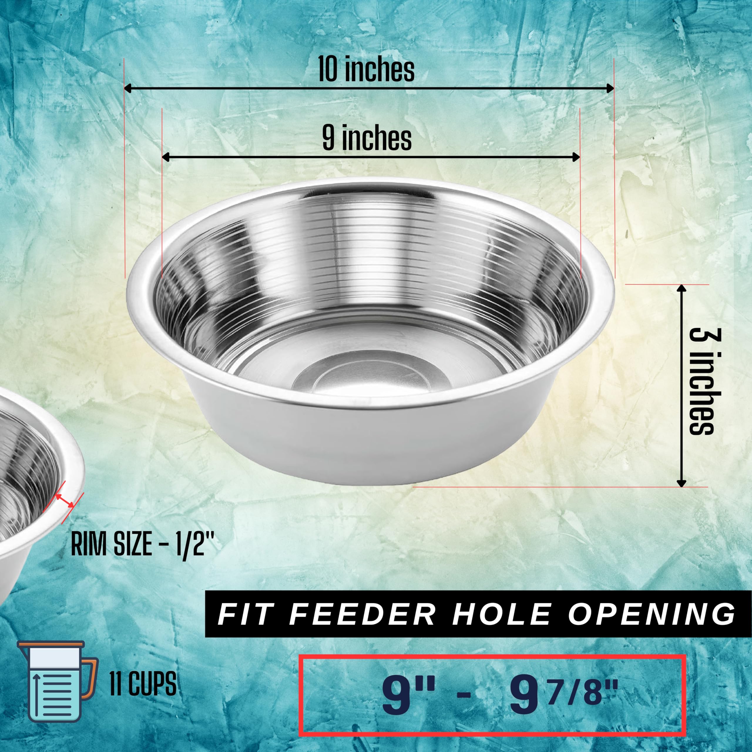 Bowls measuring 10 inches in diameter and 3 inches in height.