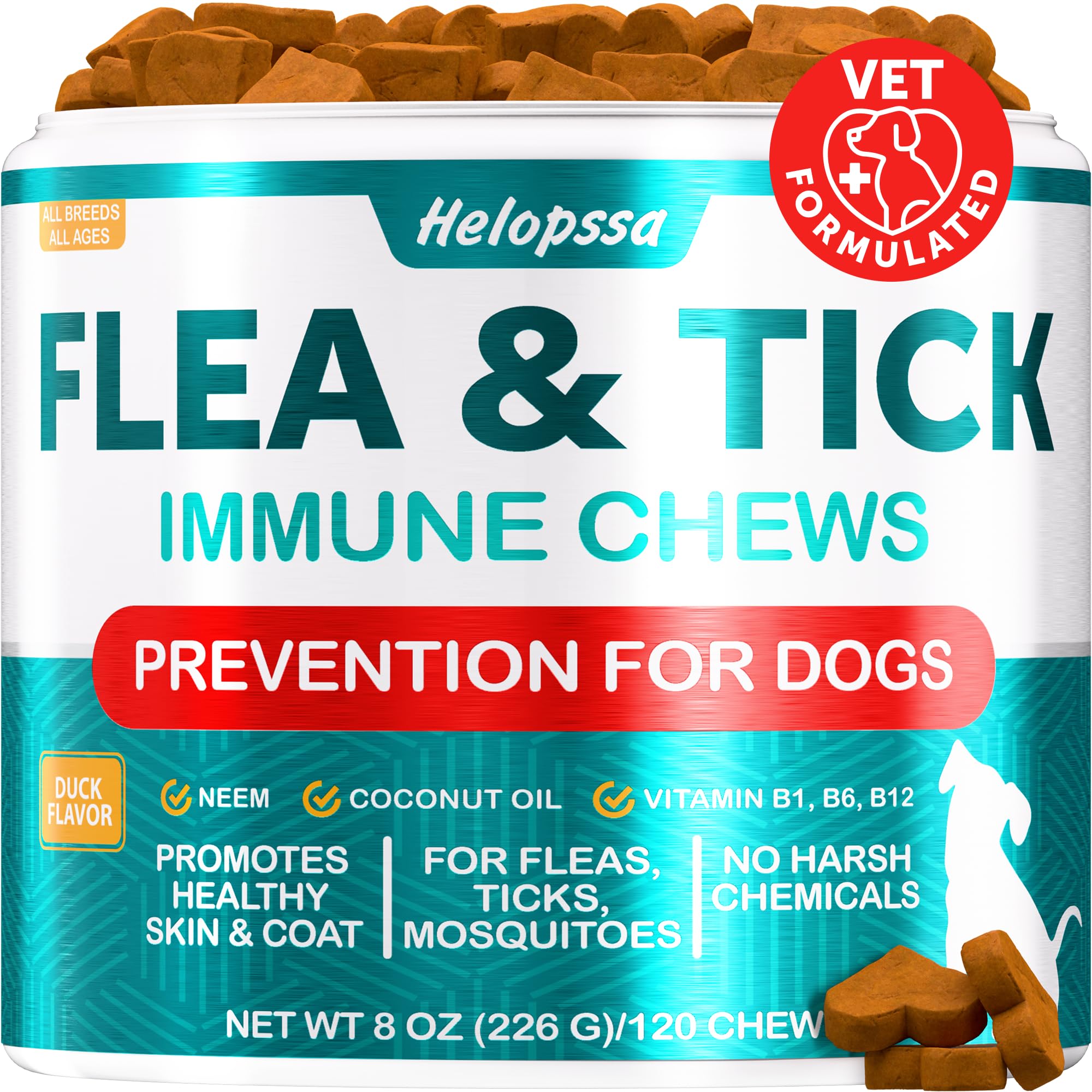 Helopssa dog flea chews bottle—convenient daily prevention for dogs.