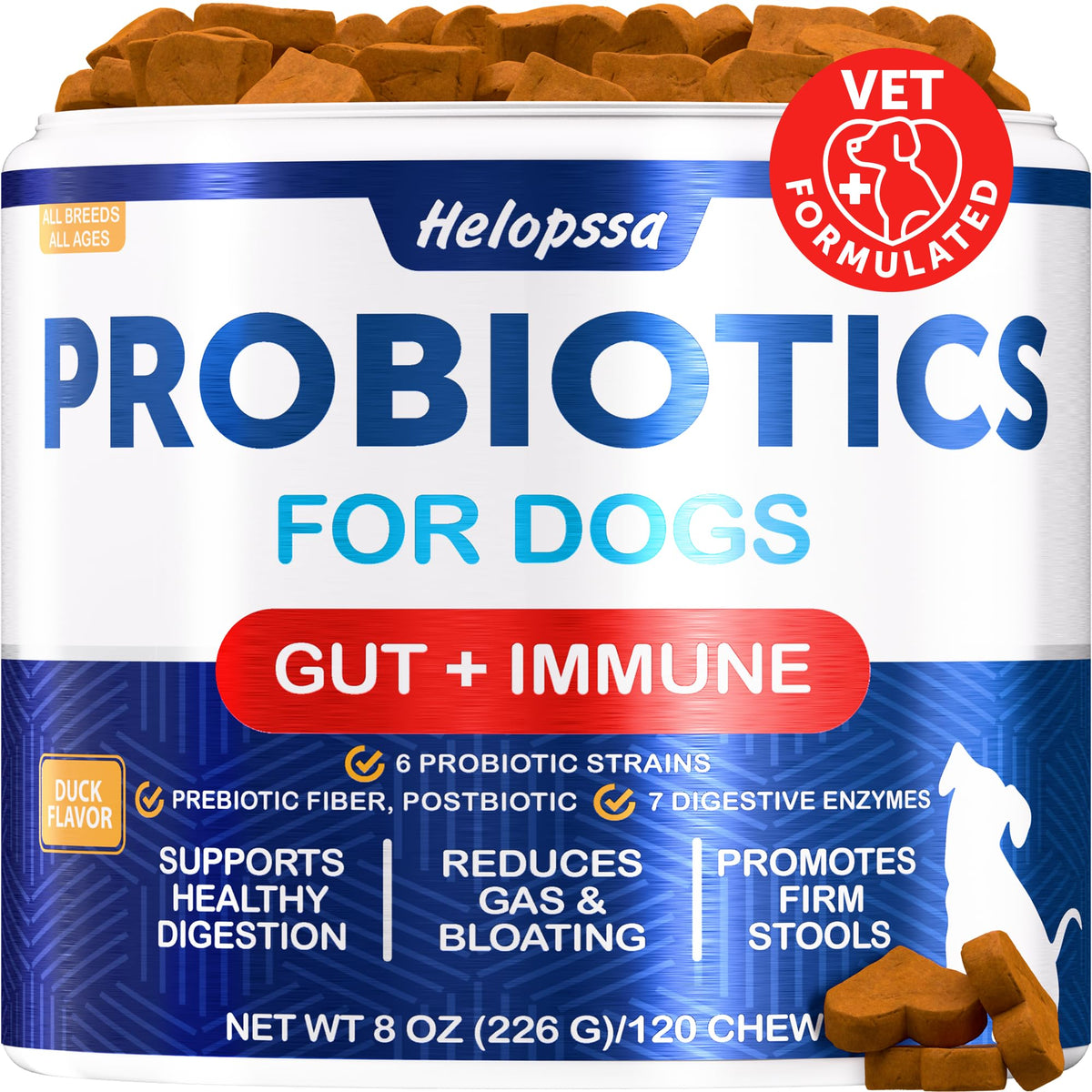 Helopssa dog probiotics duck flavor bottle supports gut health and easy dosing.