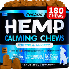 Helopssa hemp calming chews bottle close-up for anxious dogs during storms