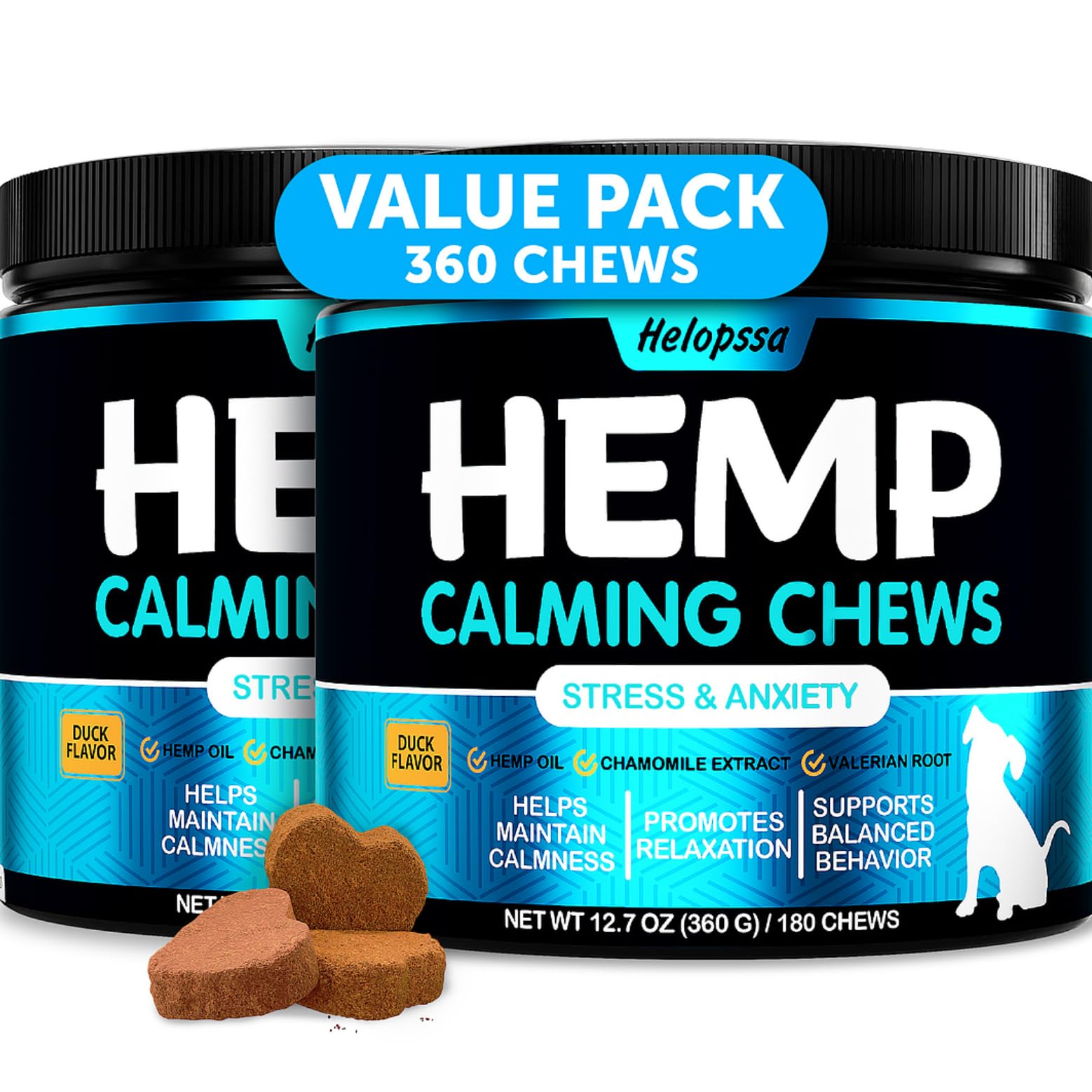 Helopssa hemp calming chews dog bottle shows calming formula for anxious dogs