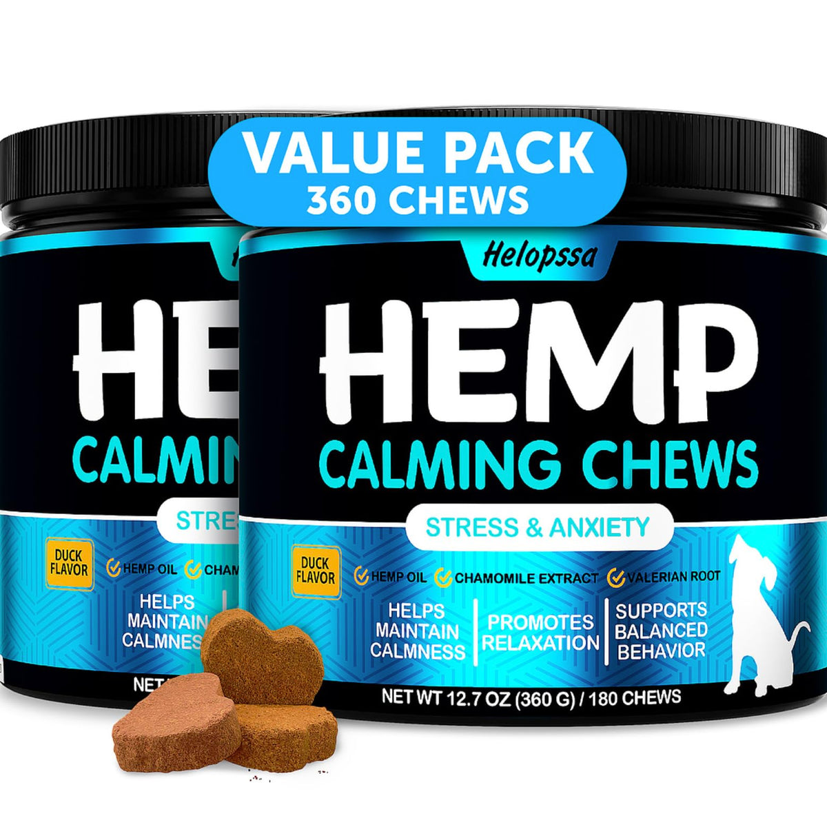Helopssa hemp calming chews dog bottle shows calming formula for anxious dogs