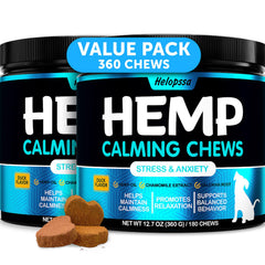 Helopssa hemp calming chews dog bottle shows calming formula for anxious dogs
