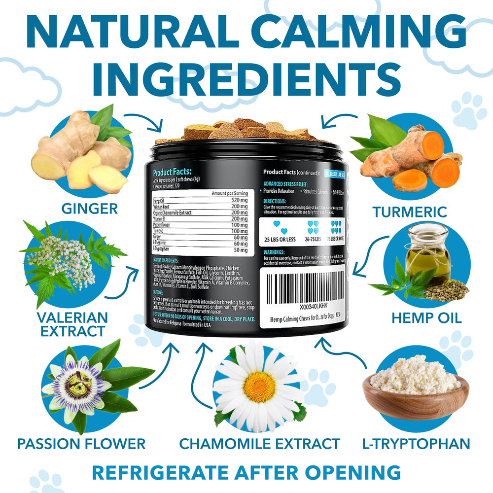 Close-up of ingredients for Helopssa dog chews, including valerian and hemp oil.