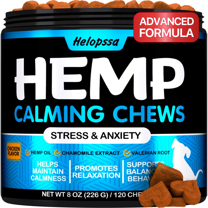 Helopssa hemp calming chews for dogs with chicken flavor, package front view.