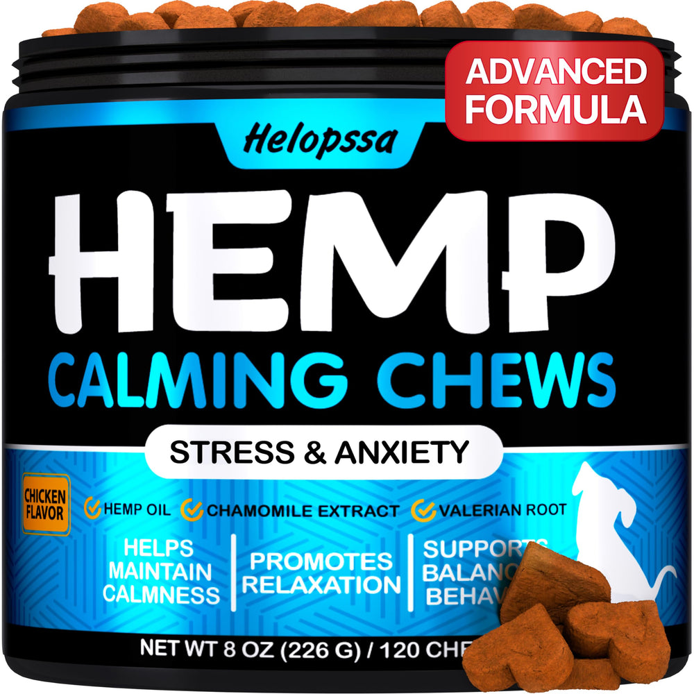 Helopssa hemp calming chews for dogs with chicken flavor, package front view.