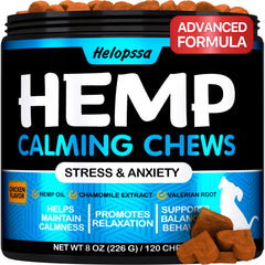 Helopssa hemp calming chews for dogs with chicken flavor, package front view.