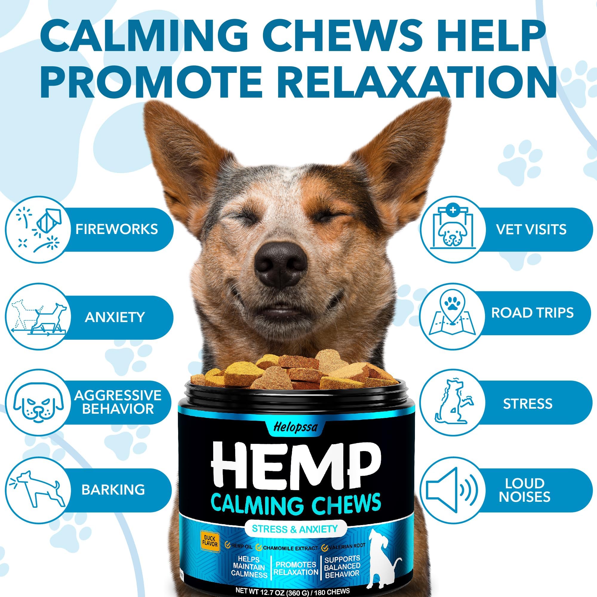 Helopssa calming chews package showing 180-soft treats for stress support