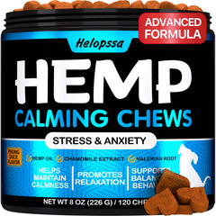 Helopssa Hemp Calming Chews bottle supports anxious dogs during stressful events.