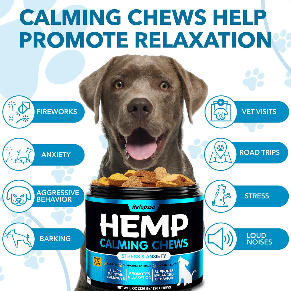 Helopssa duck-flavor calming chews help dogs stay calm during fireworks.