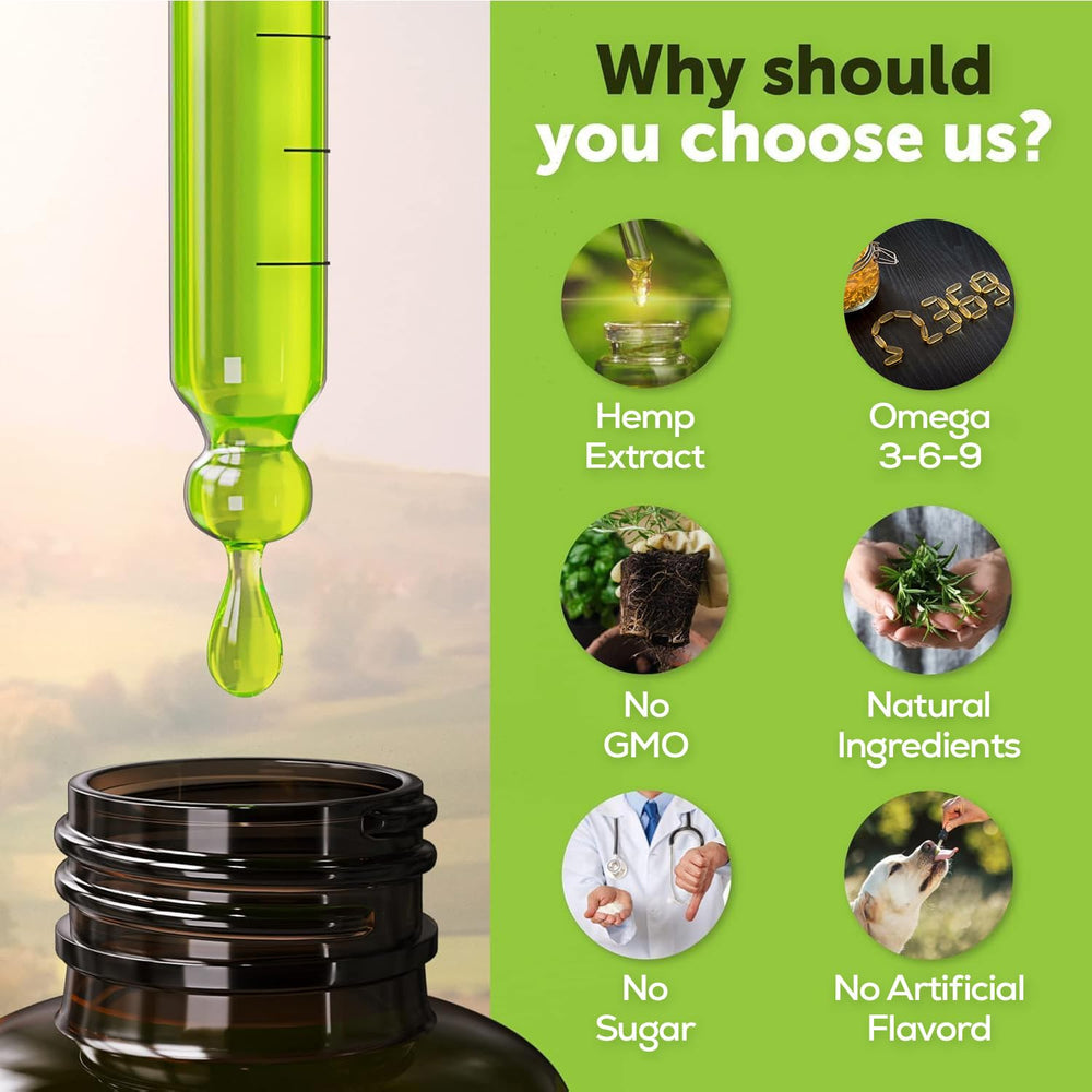 Helopssa hemp oil drops promote skin and coat health in pets.