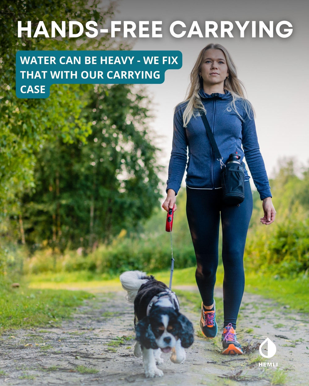 Hemli travel bottle in use during a dog walk or hike