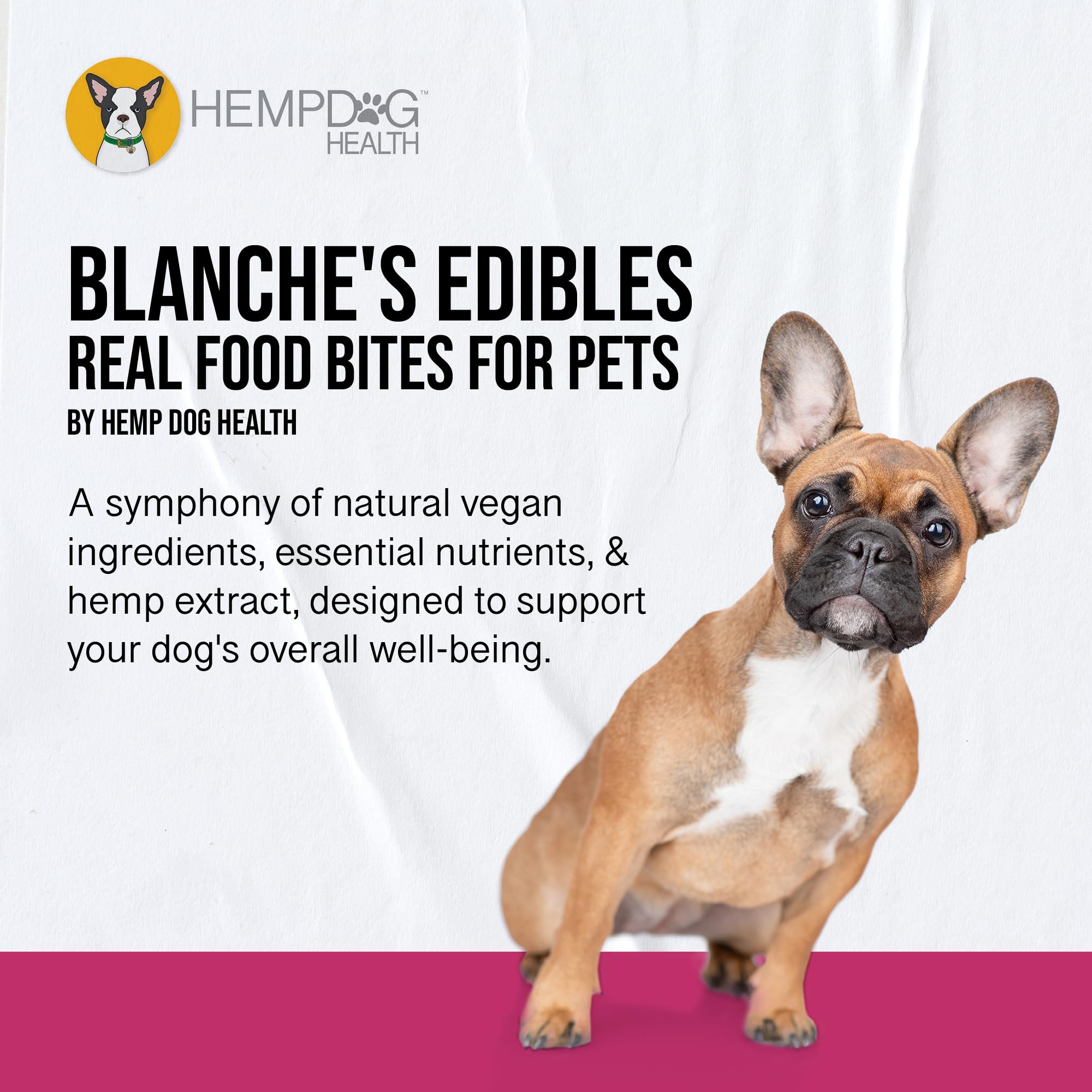 Hemp Dog Health Blanche bag label highlighting vegan hemp formula