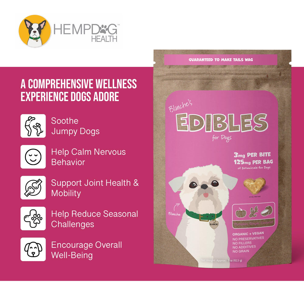 Hemp Dog Health Blanche treats closeup showing natural ingredients