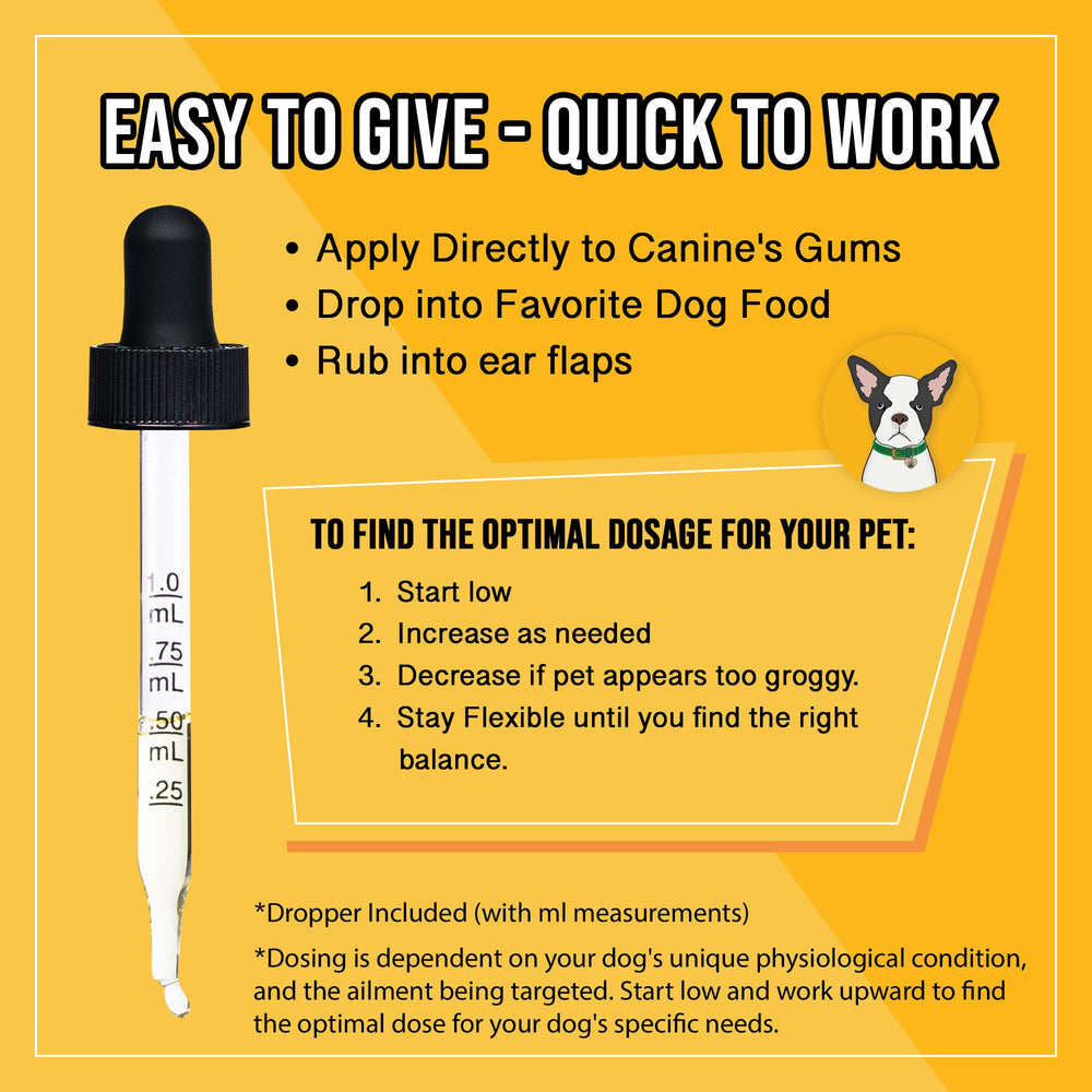 Hemp Dog Health Calm drops ingredients panel with hemp oil and lavender for soothing aroma