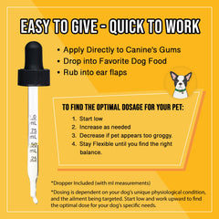 Hemp Dog Health Calm drops ingredients panel with hemp oil and lavender for soothing aroma