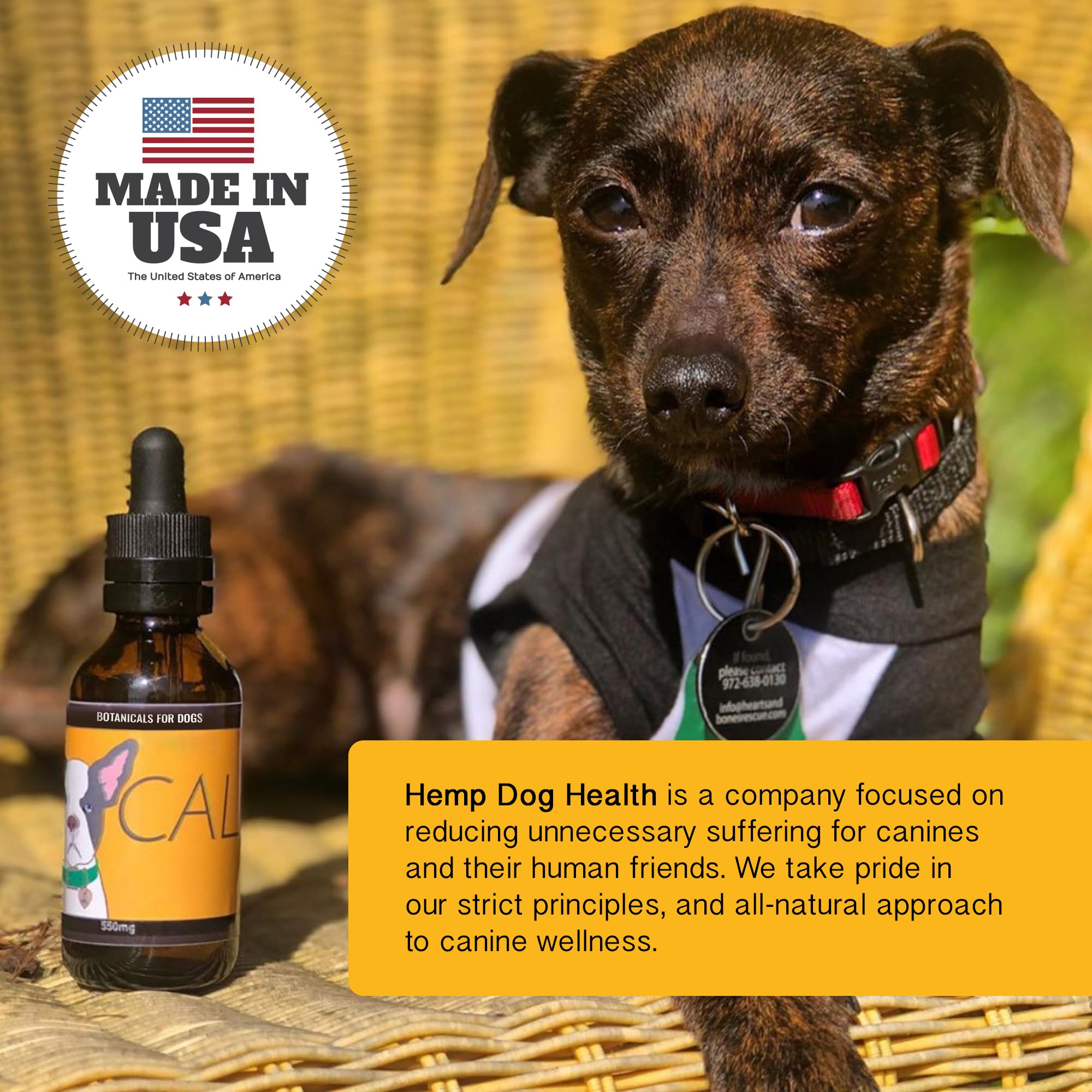 Hemp Dog Health Calm drops USA-made seal indicating quality you can trust