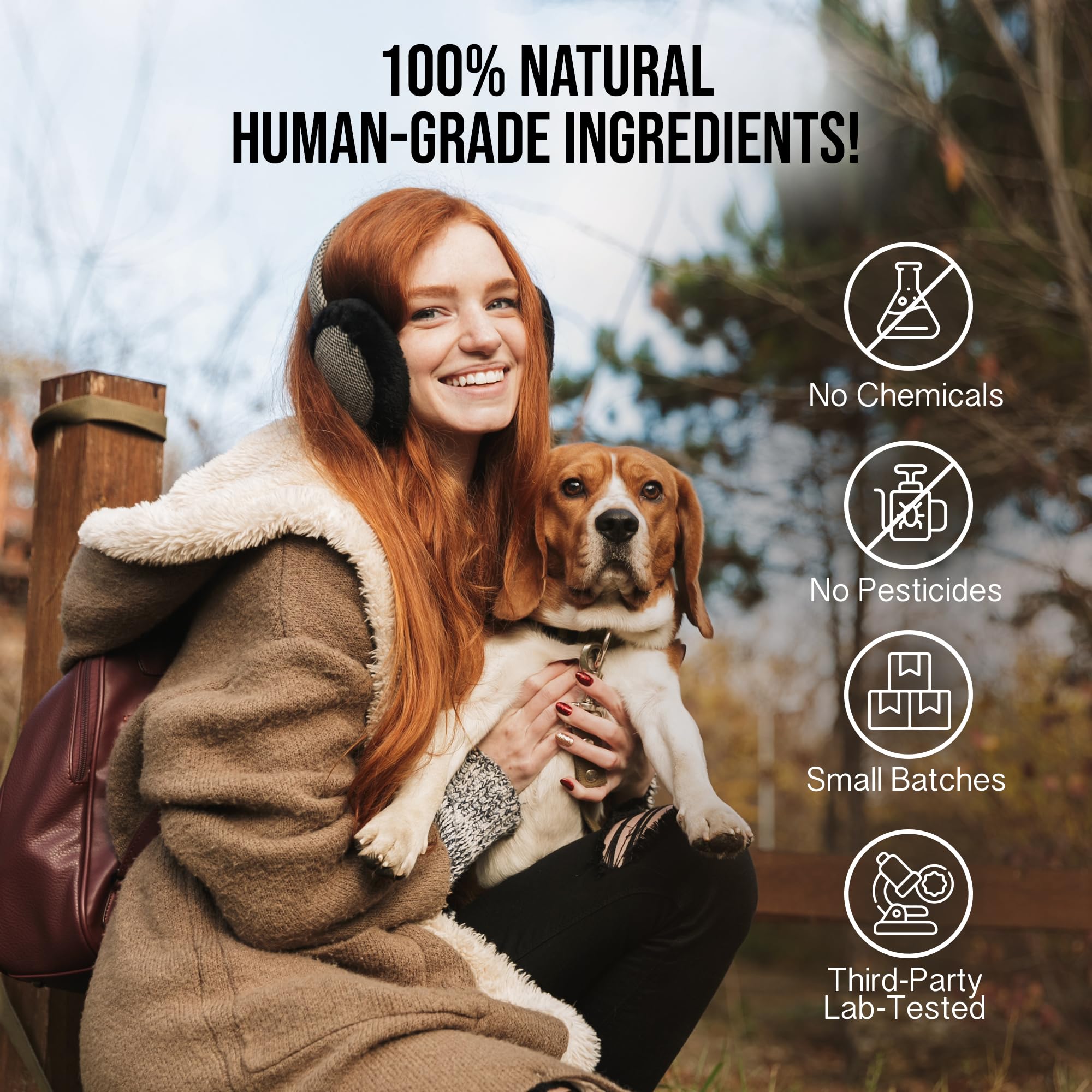 Hemp Dog Health Ease beside a happy dog in a home setting.