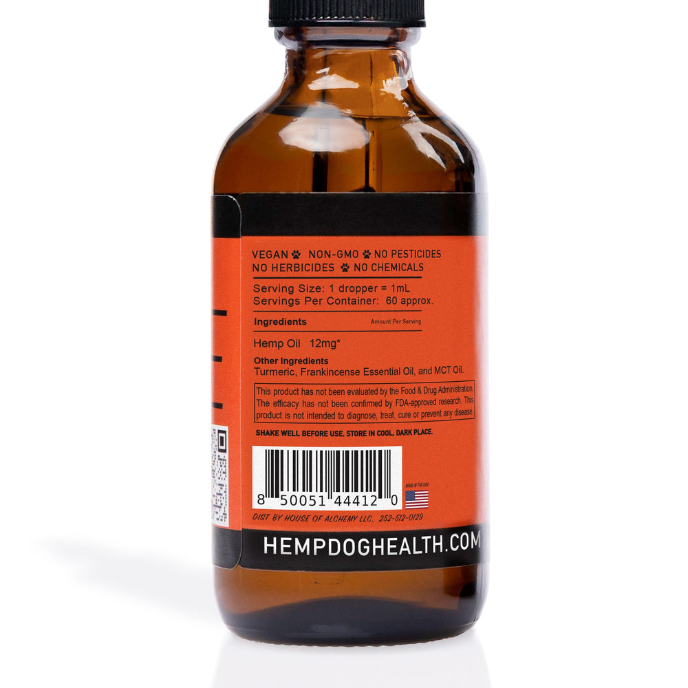 Hemp Dog Health Ease bottle and dropper for hip and joint support routines.