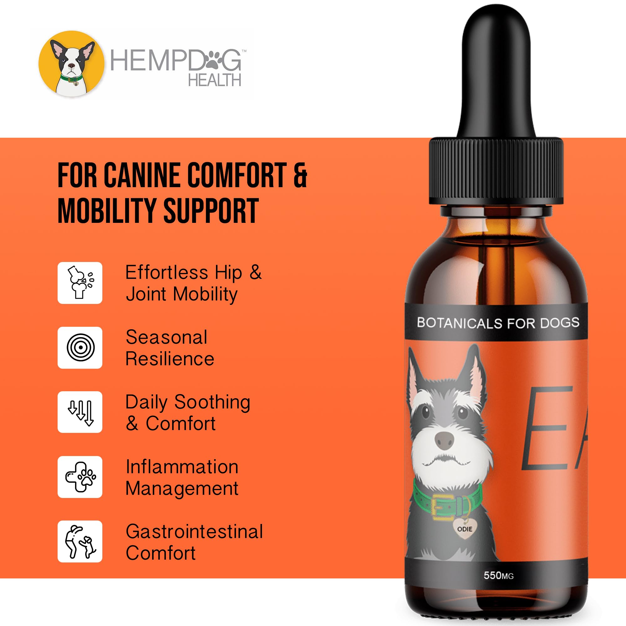 Hemp Dog Health Ease label highlights turmeric and frankincense ingredients.