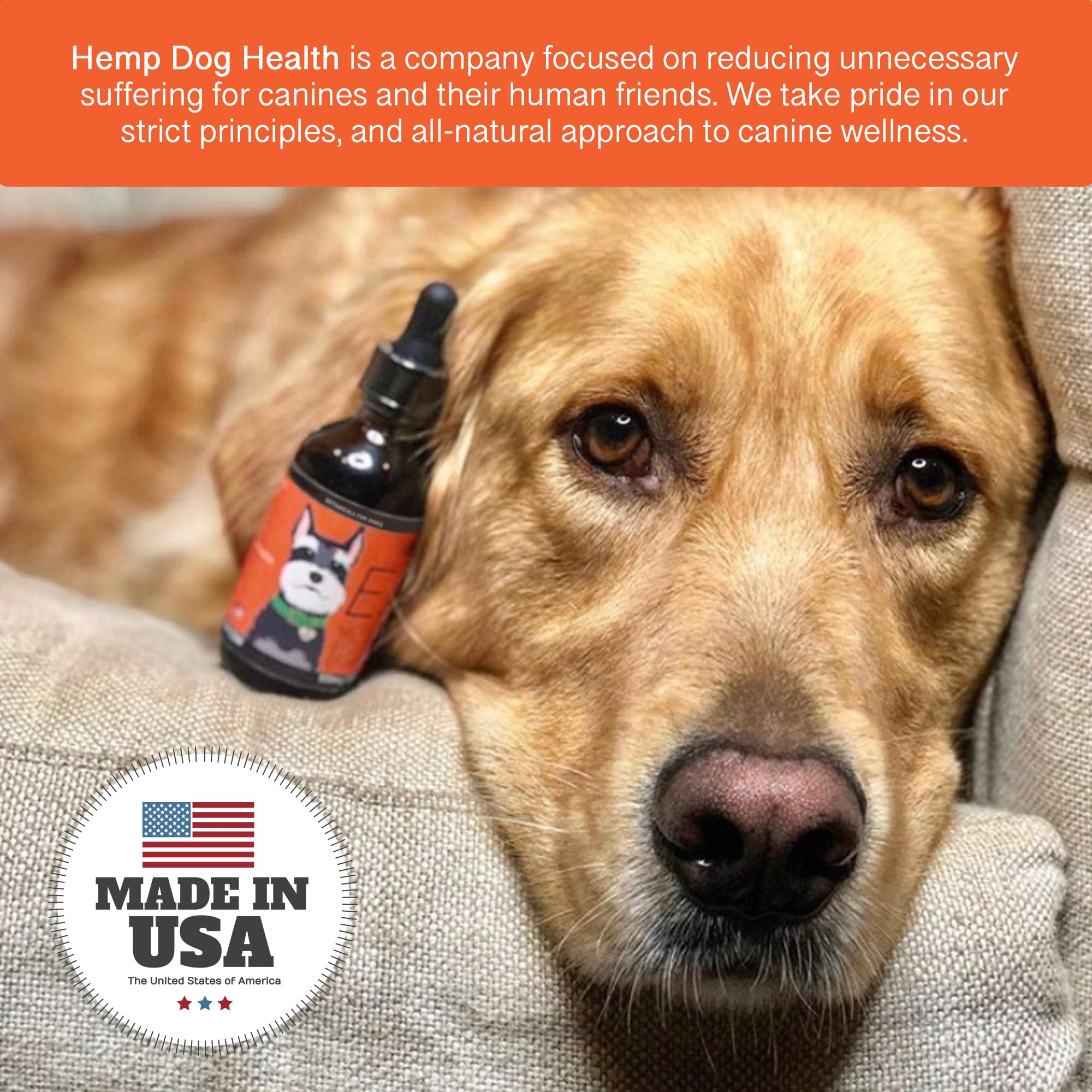 Hemp Dog Health Ease labeled bottle showing USA-made, natural pet wellness.
